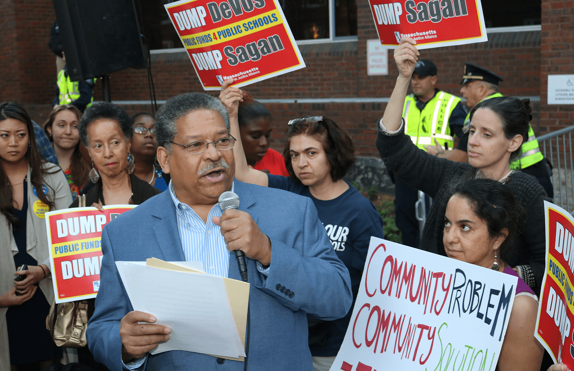 Juan Cofield, member of the MEJA steering committee and No on 2 campaign chair, speaks against Betsy DeVos and Paul Sagan's attempts to privatize public education.