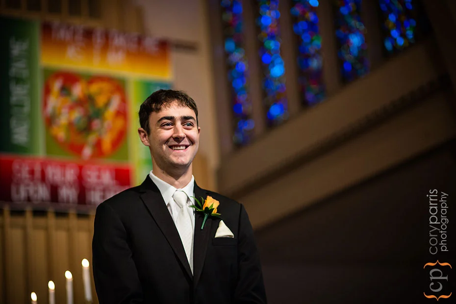 I love this image. Colin is seeing Christena for the first time in her wedding dress as she walks down the aisle.