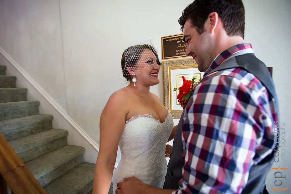 bride and groom seeing each other for the first time at the Beacon Hill Garden House