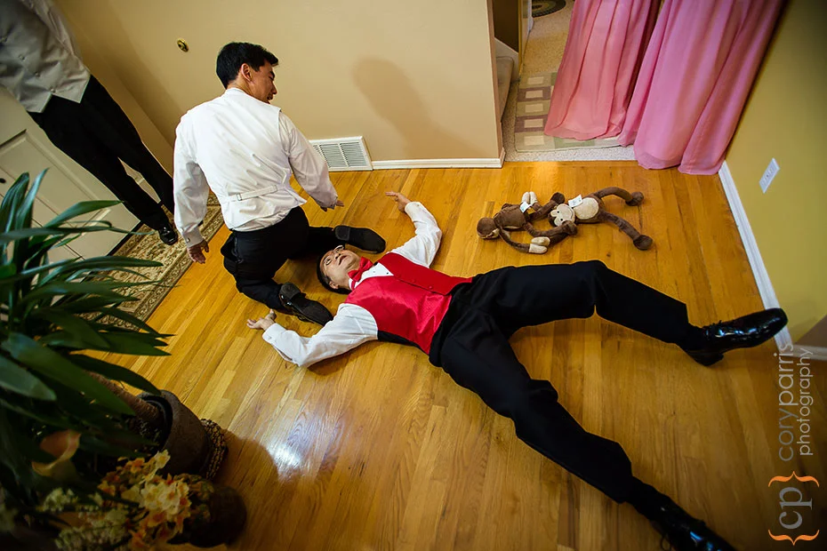 Groom and groomsman in odd positions