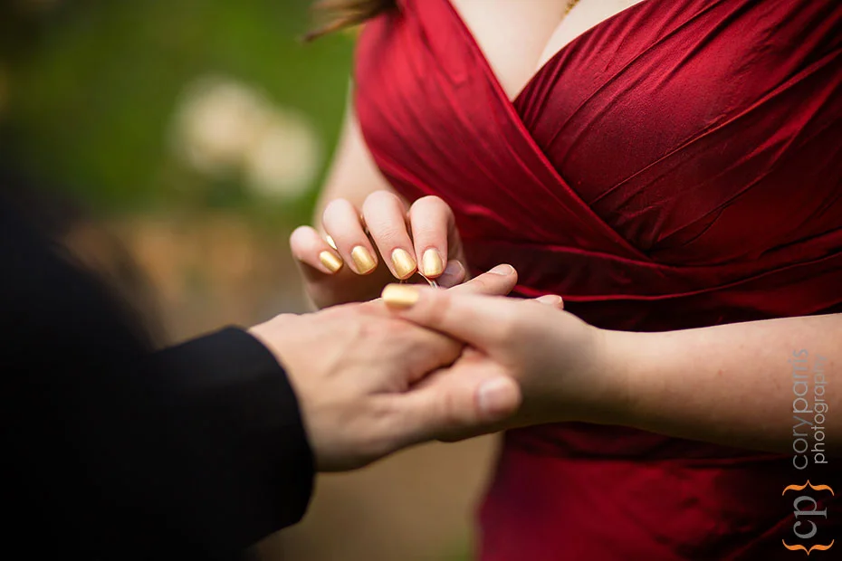 bride and groom exchanging rings at wedding ceremony