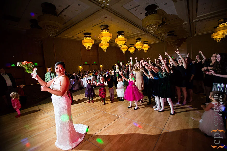 bride throwing the bouquet