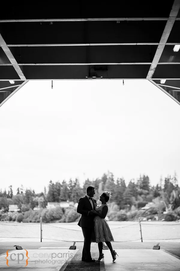 I love this shot of the two of them on the Bainbridge Island Ferry just after their on-board wedding. With their very cool mid-century attire, I felt, the b&w just feels right.