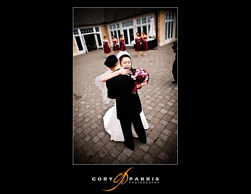 Bride and groom meet at the courtyard at Newcastle