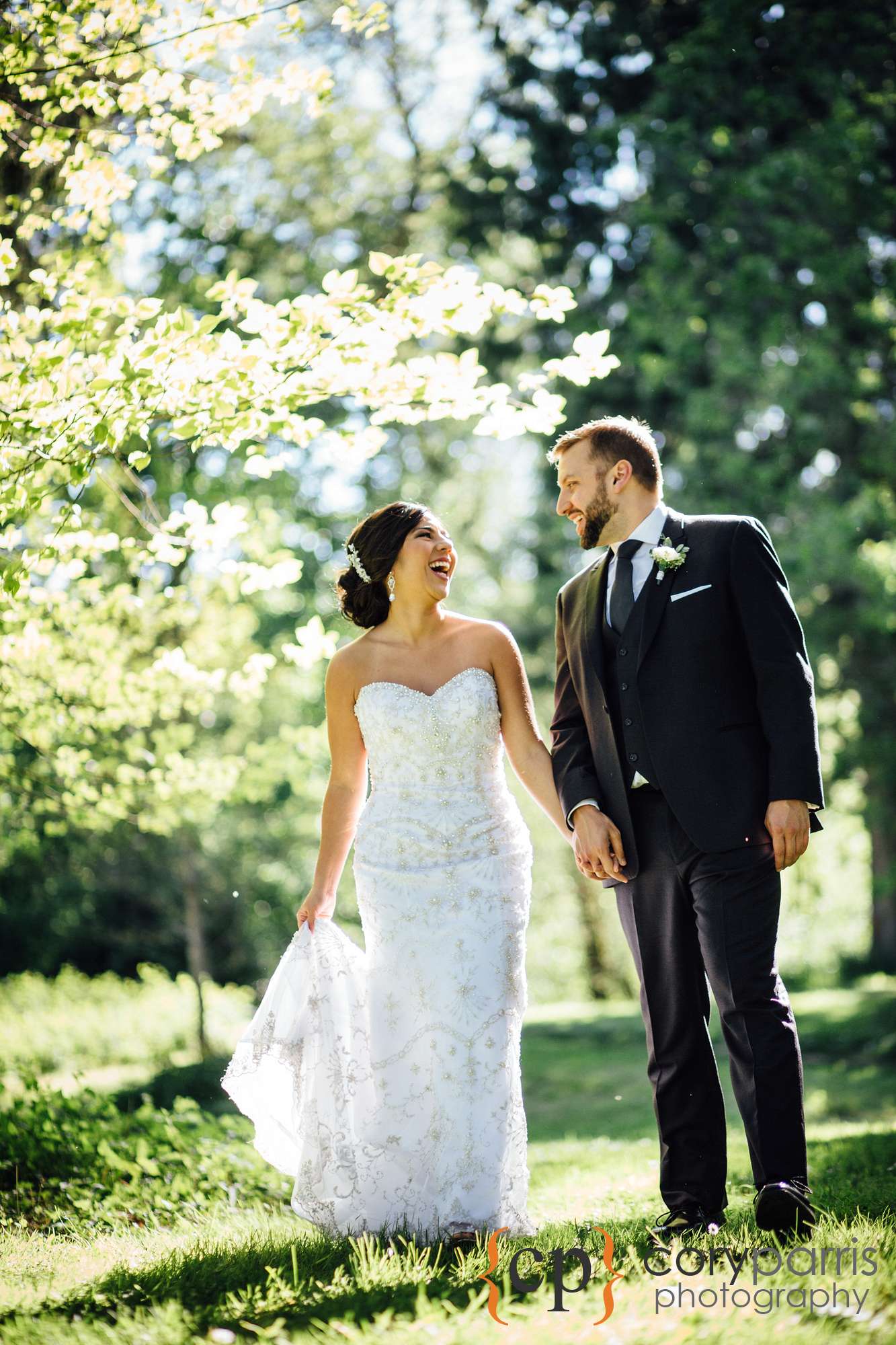Bride and groom walking at Washington Park Arboretum