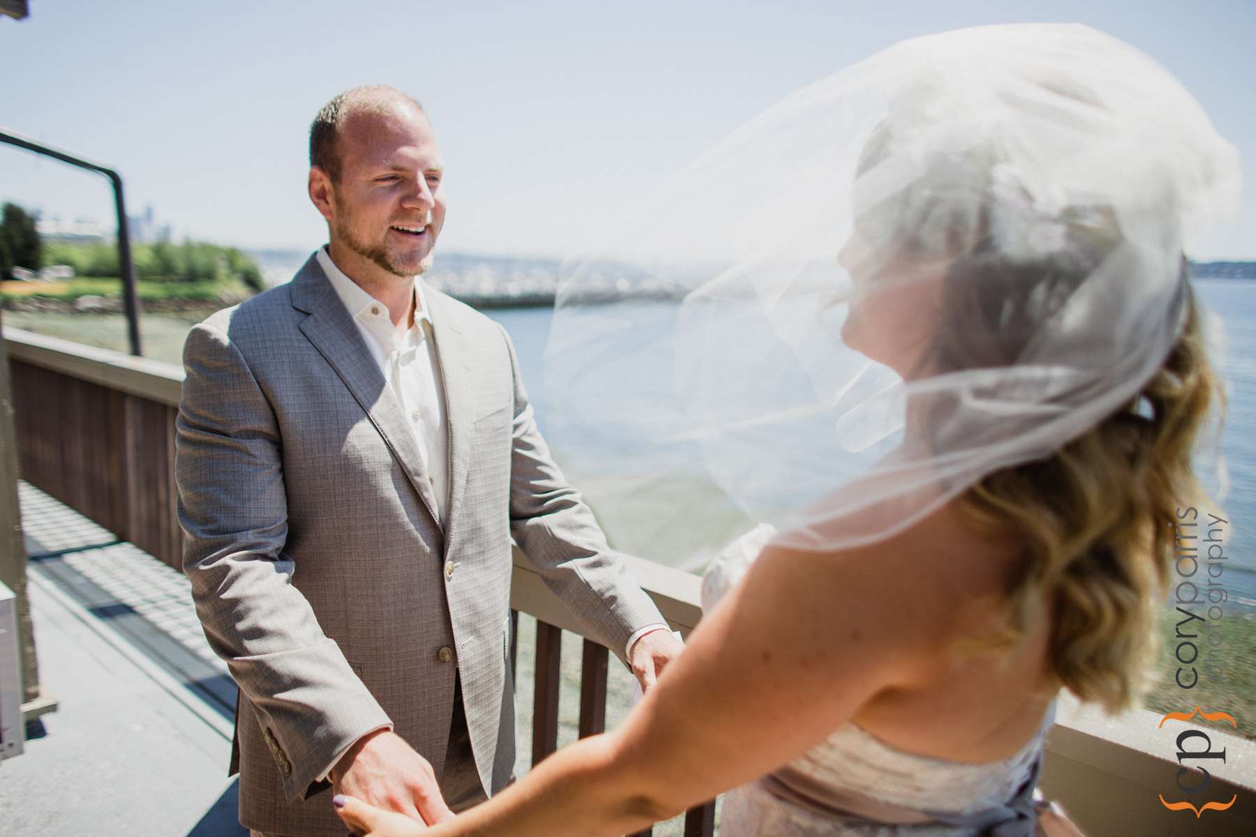 Brandon first look of Morada in her wedding dress