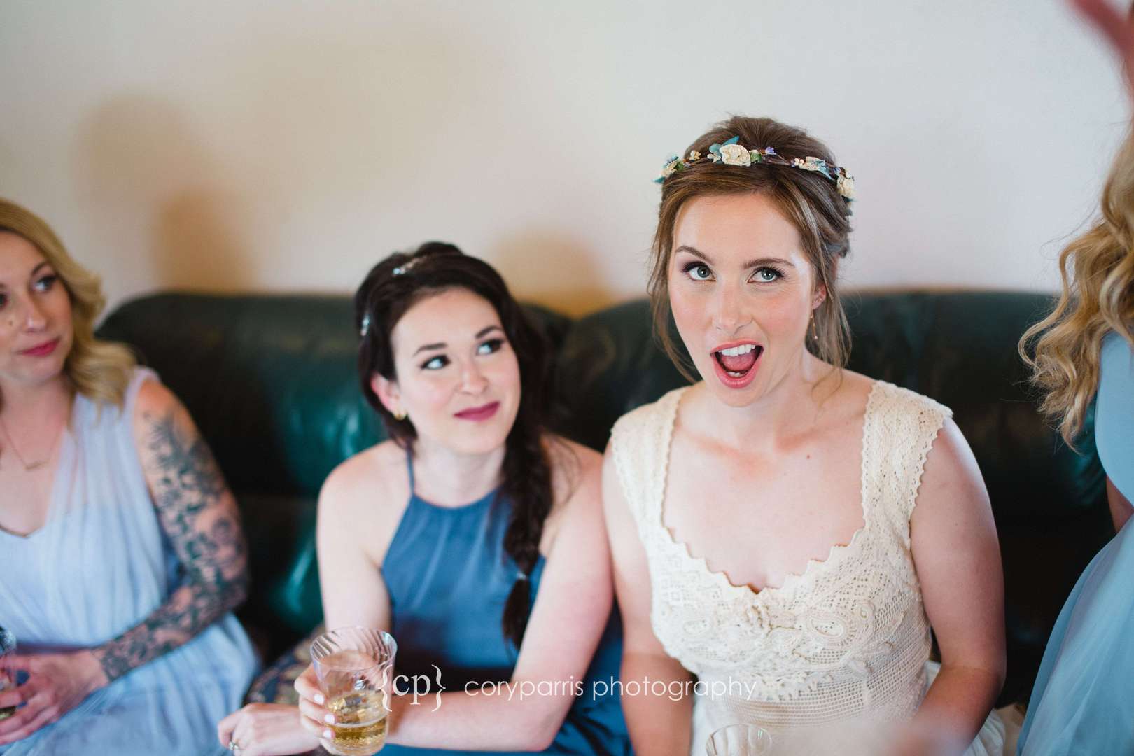 Bride being funny at a Woodinville wedding at DeLille Cellars Chateau