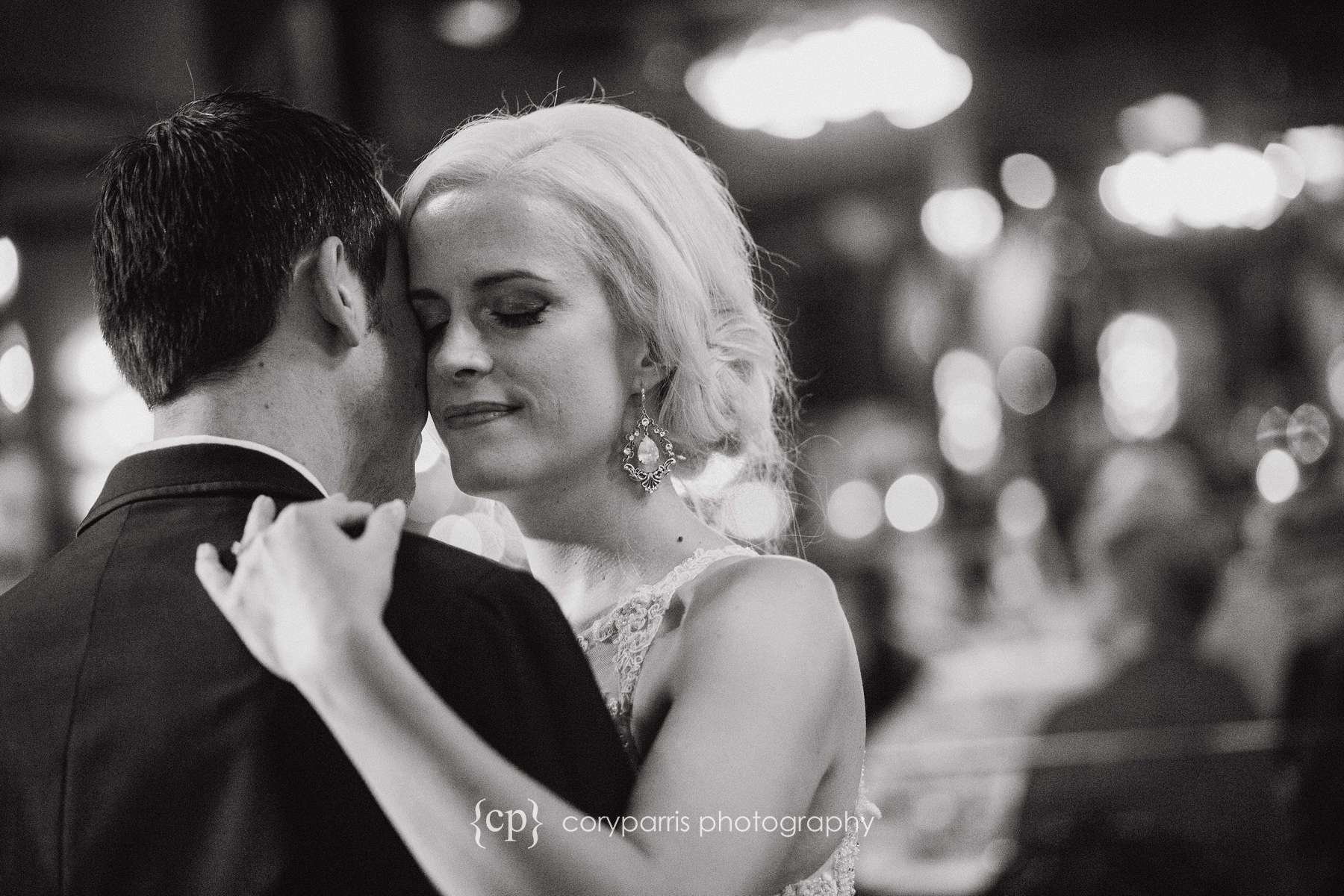 First dance in b&w at Lake Union Cafe wedding reception