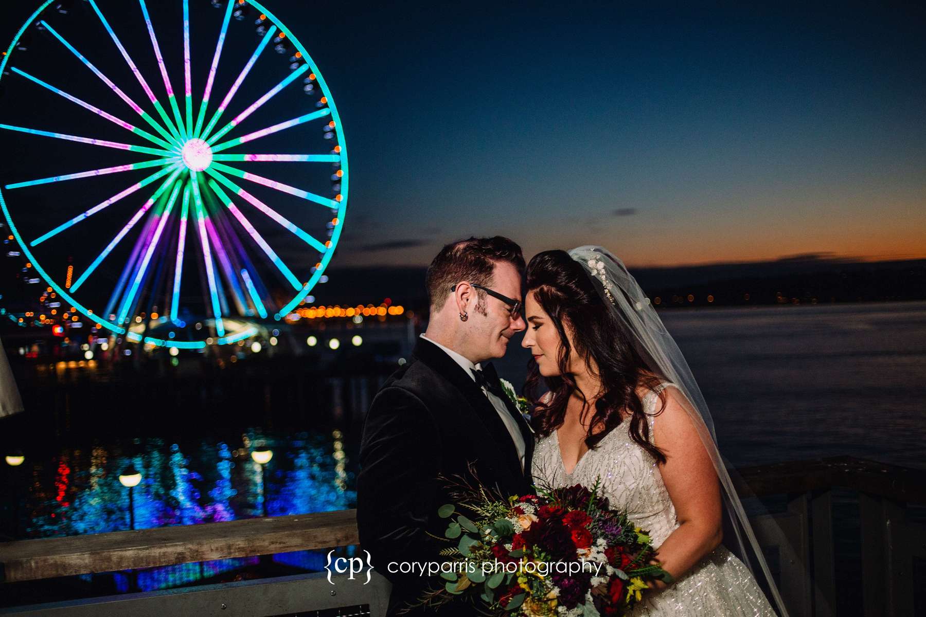 Sunset portrait of wedding couple at the Seattle waterfront