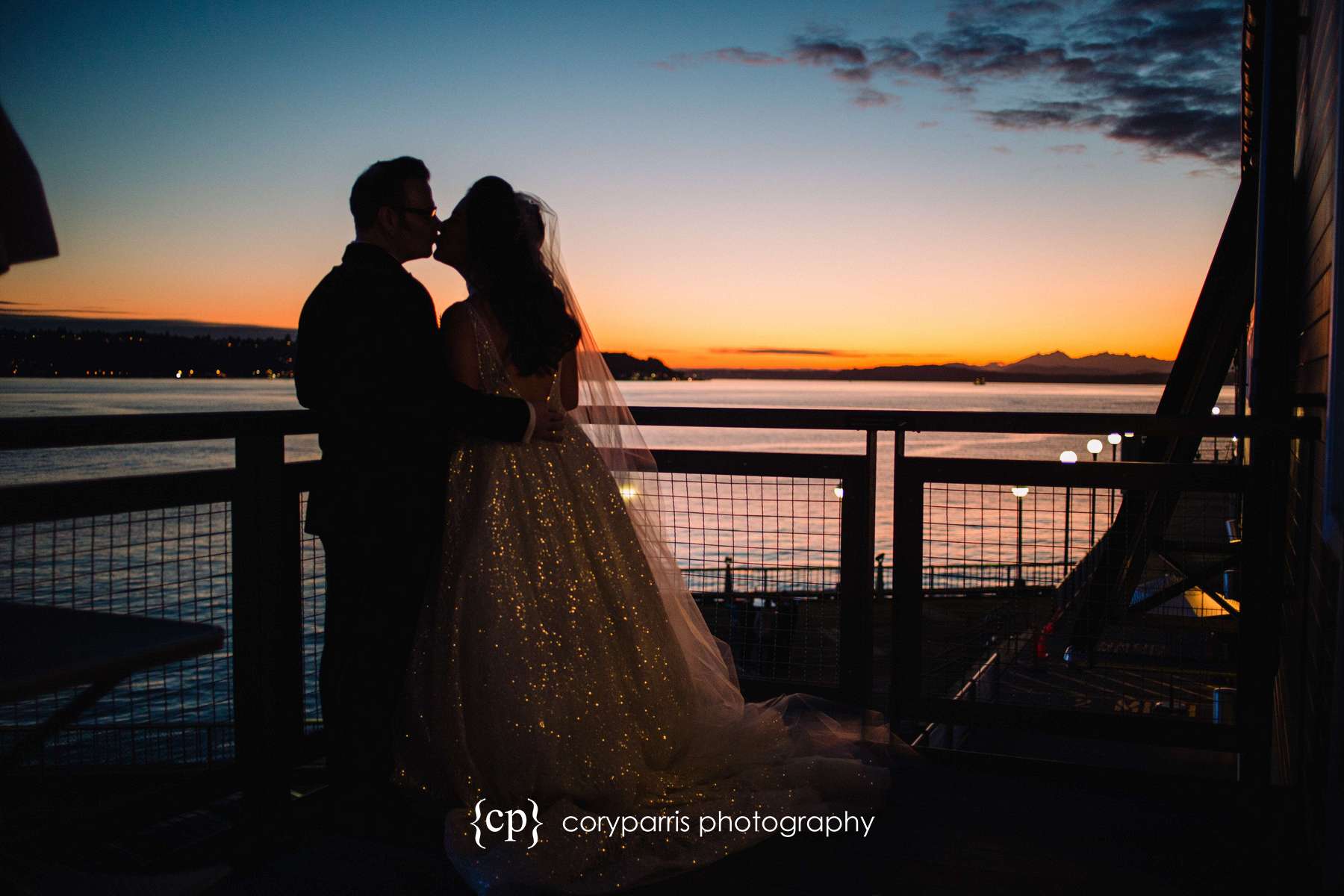 Sunset at the Seattle waterfront wedding