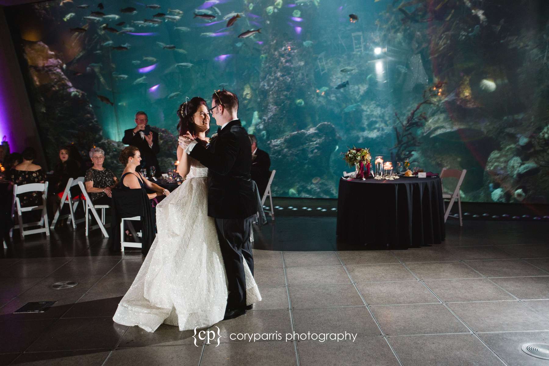 First dance with the big tank at the Seattle Aquarium in the background. 