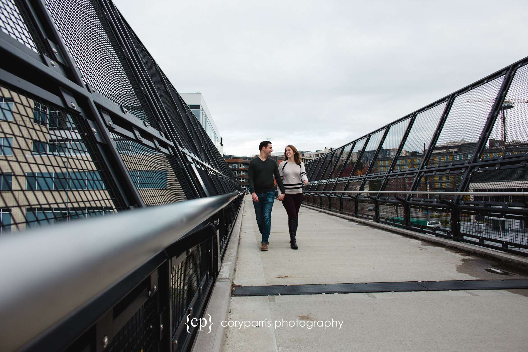 Engagement portrait couple walking seattle