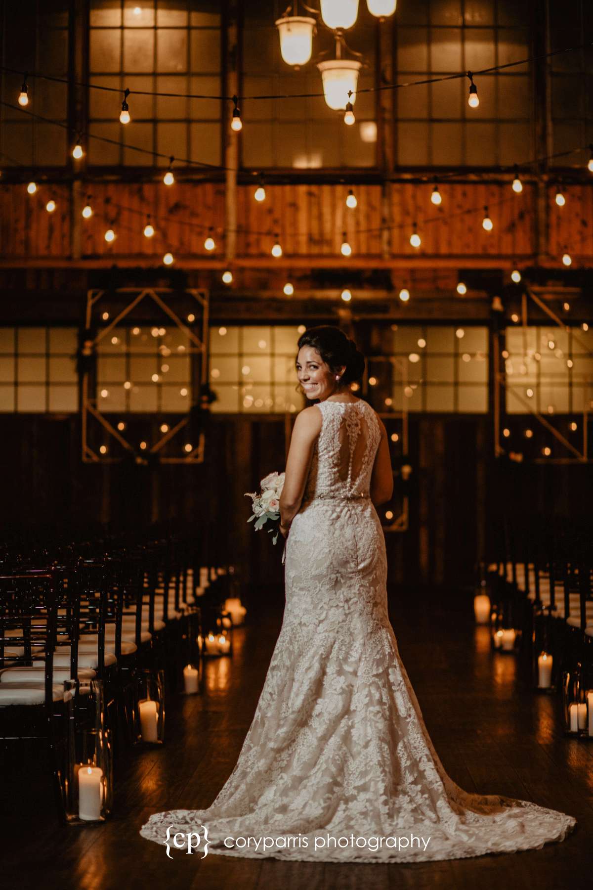 Bride showing off her dress at SODO Park