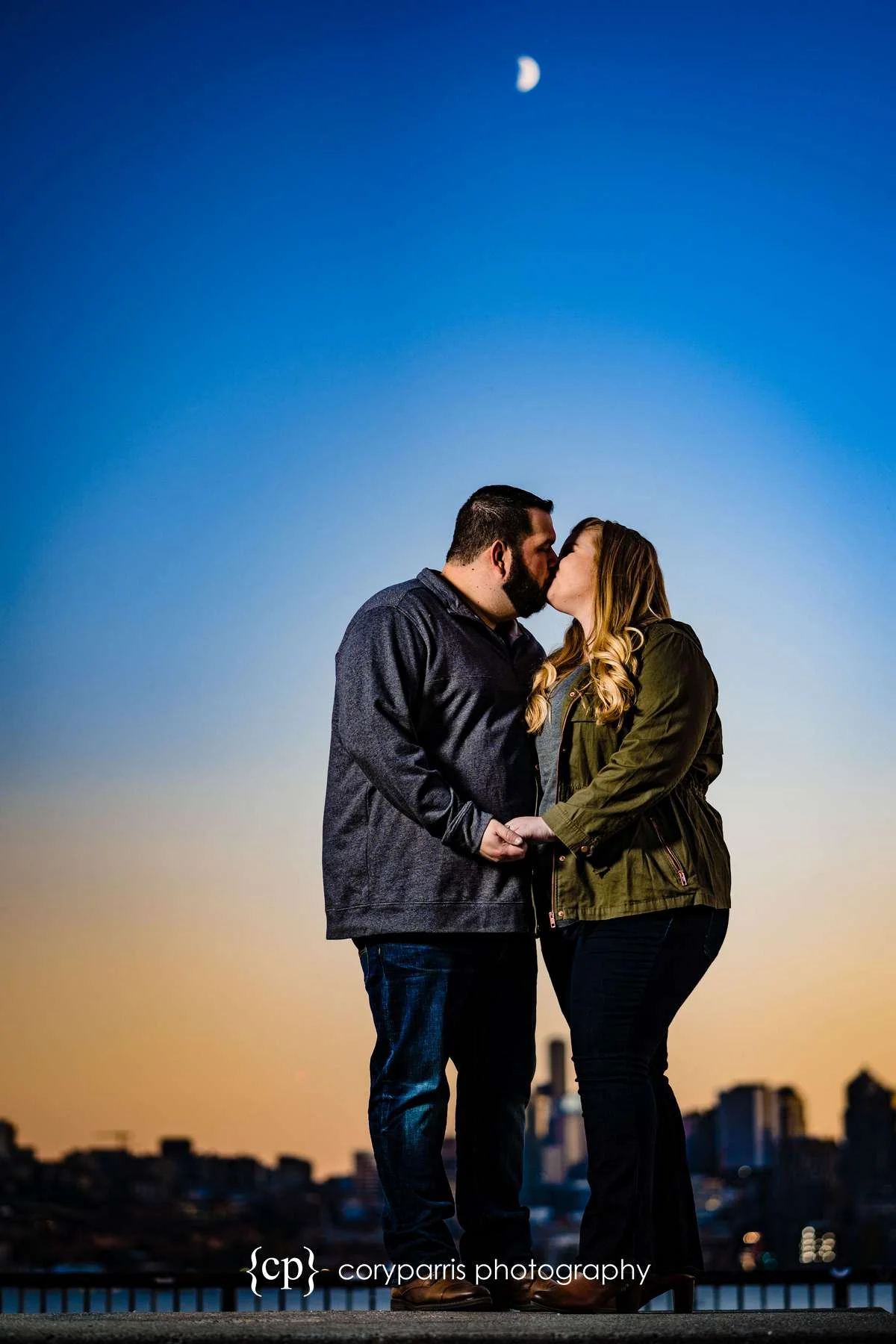 Stephanie and Bradley at Gas Works Park for their sunset engagement portraits with Seattle in the background.