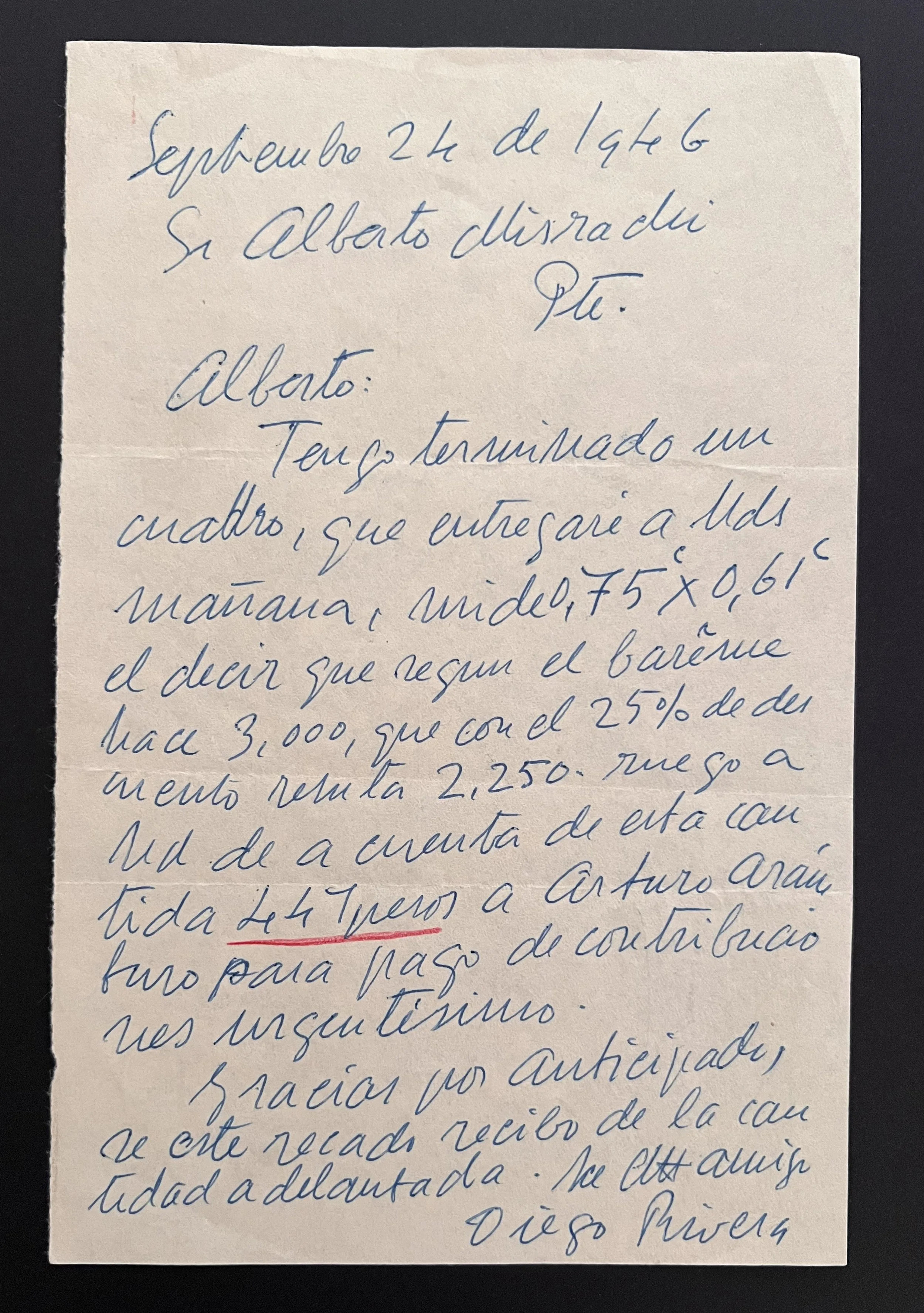 Diego Rivera letter to Alberto Misrachi, signed and dated September 24, 1946