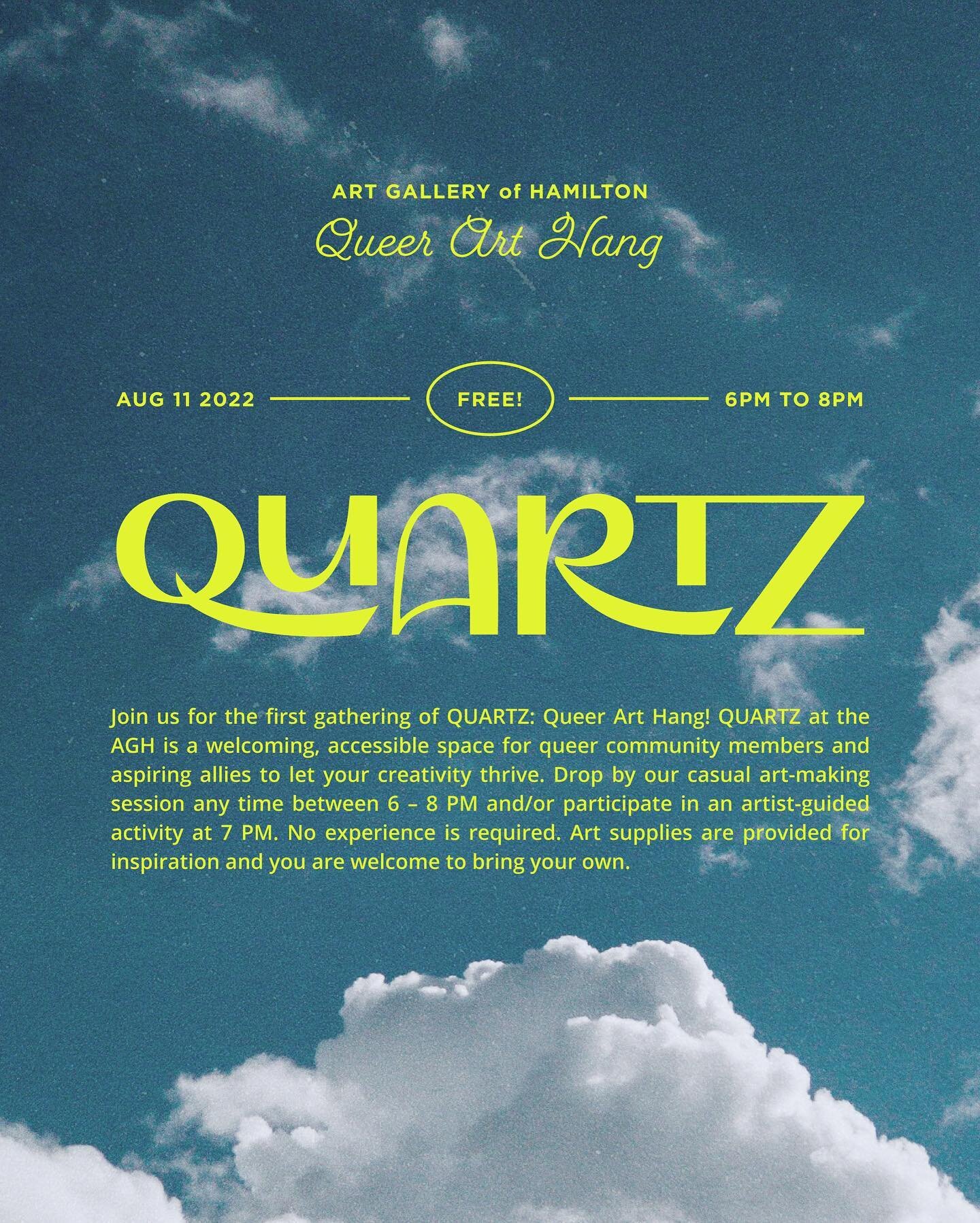 Join @j.avolio and @tylerpyler and me @at_theagh for the first gathering of QUARTZ: Queer Art Hang! QUARTZ is a welcoming and accessible space for queer community members and allies to come together and get creative! Wander the gallery, connect with 