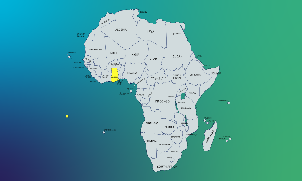 A map of Africa with Ghana highlighted in yellow