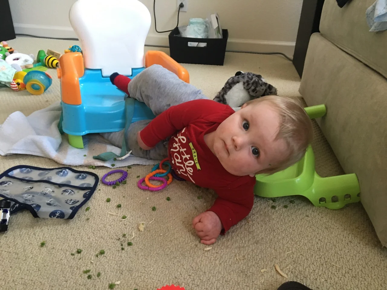 Someone dumped his tray and got his leg stuck...