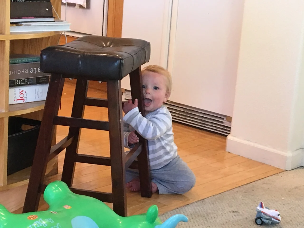 So happy about pushing the stool back and forth