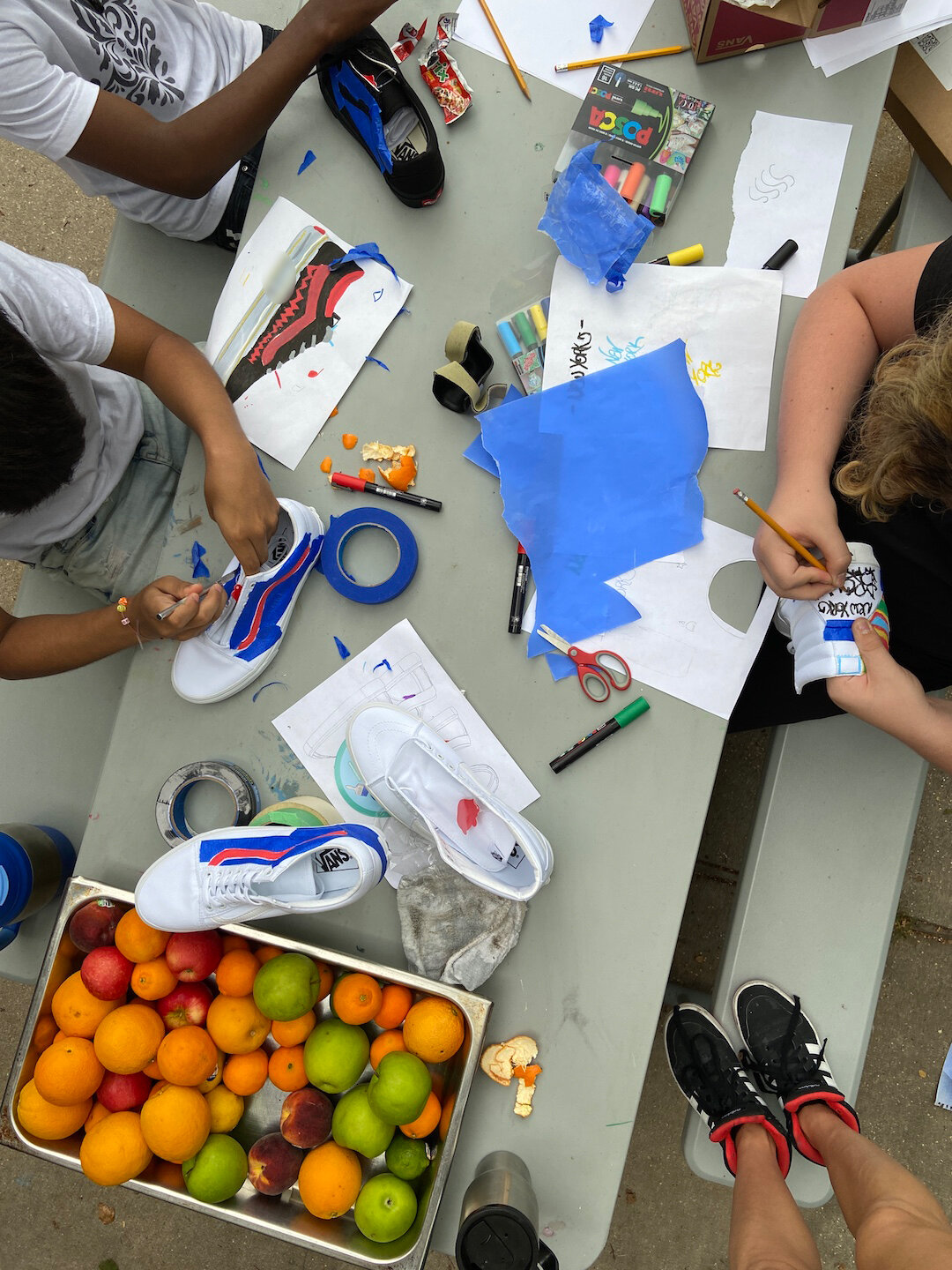  Transfer paper, masking, drawing- we had it all going on, next to a giant pile of fruit. It doesn’t get any better than this. 