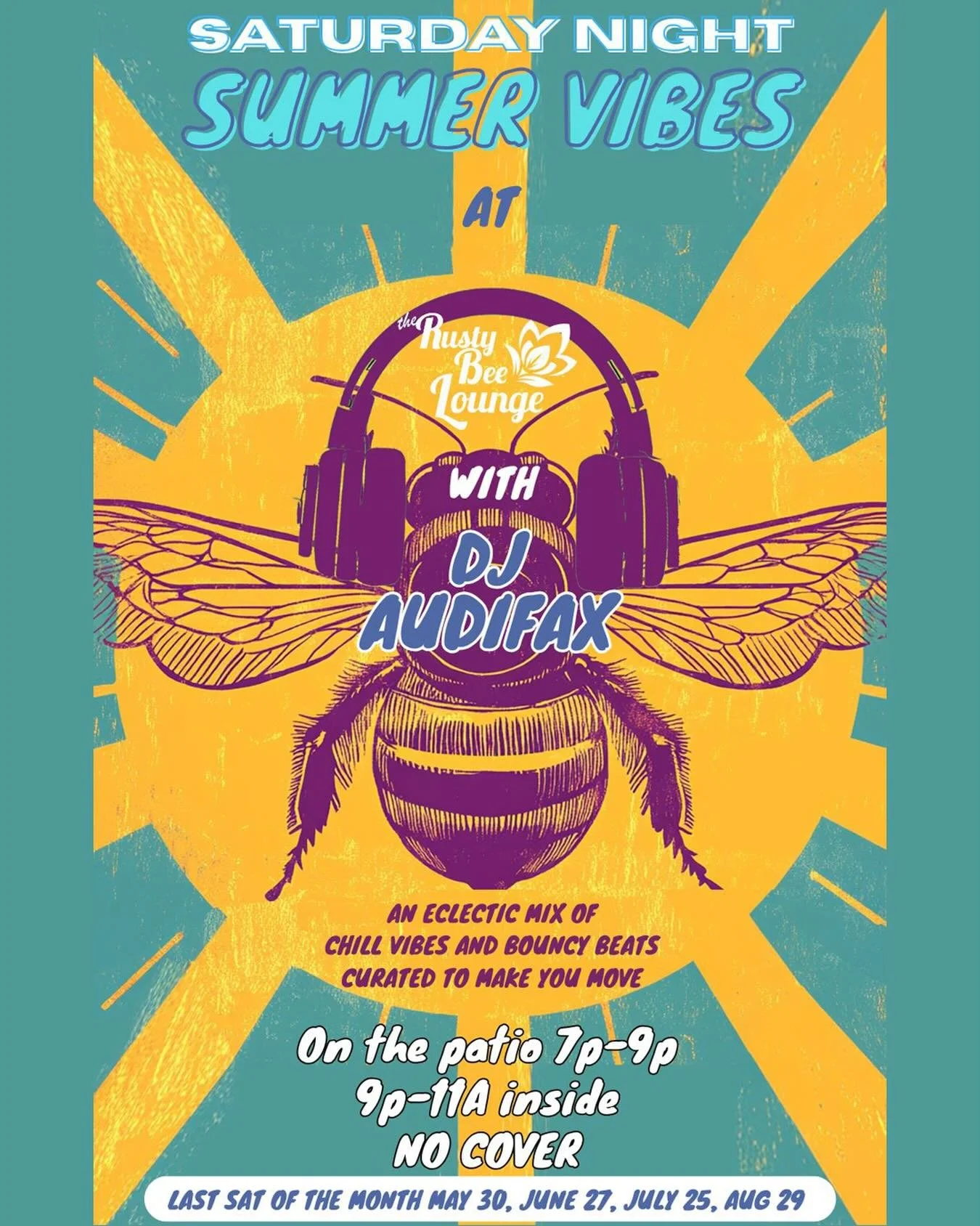 Join me on the patio of @therustybeelounge where I&rsquo;ll be playing fun beats throughout the summer ☀️- Patio 7-9pm / Inside 9-11pm. Last Saturday of the month: May 30th / June 27th / July 25th / Aug 29th

#djaudifax #audifaxart #therustybeelounge