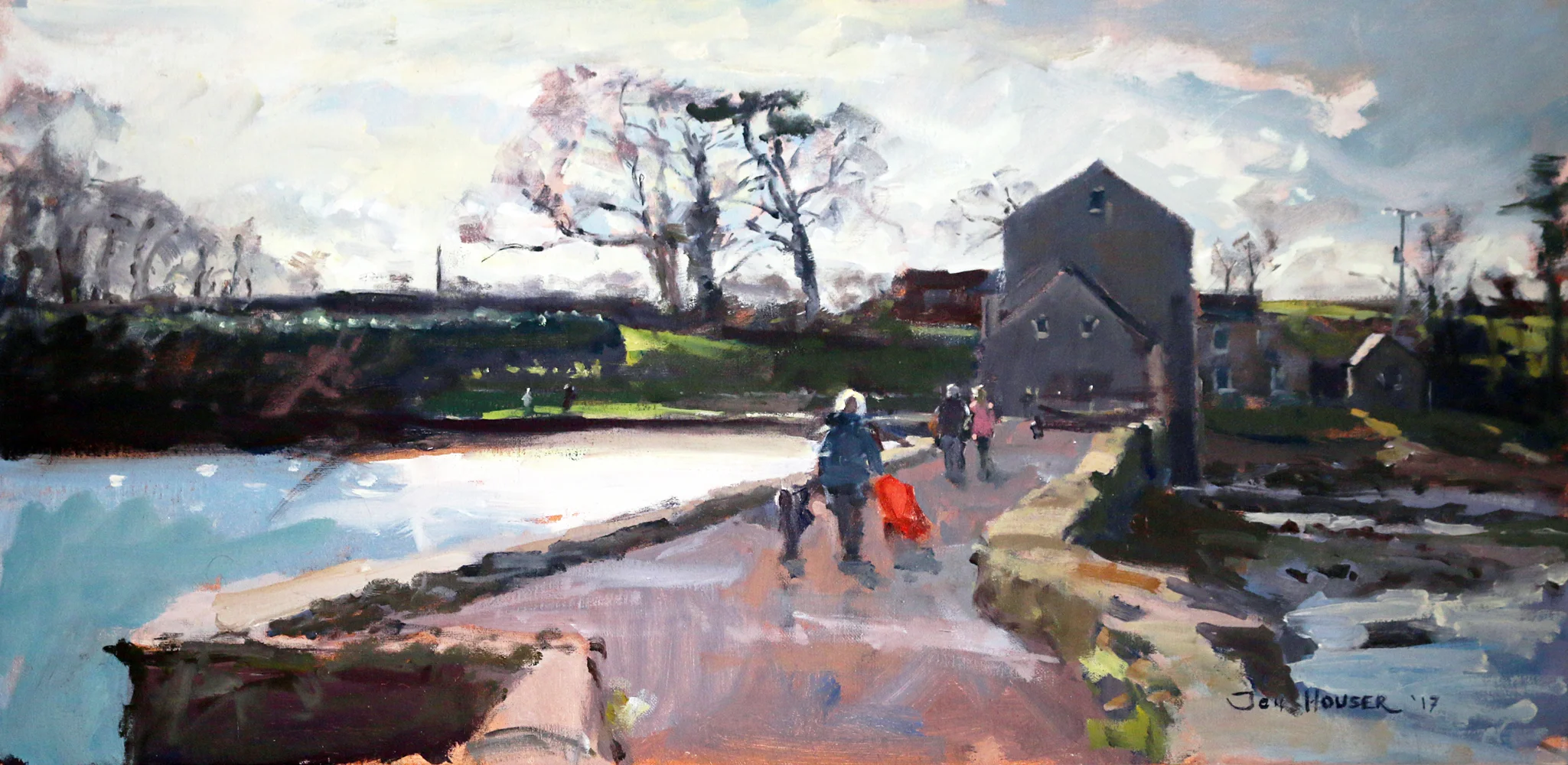 Jon Hauser Carew Tidal Mill Walk with Red Stroller Oil £575