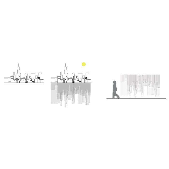 diagram of city imprinted within kiosk facade