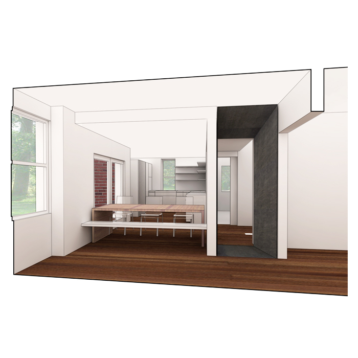 rendering of dining room with table/bench configuration