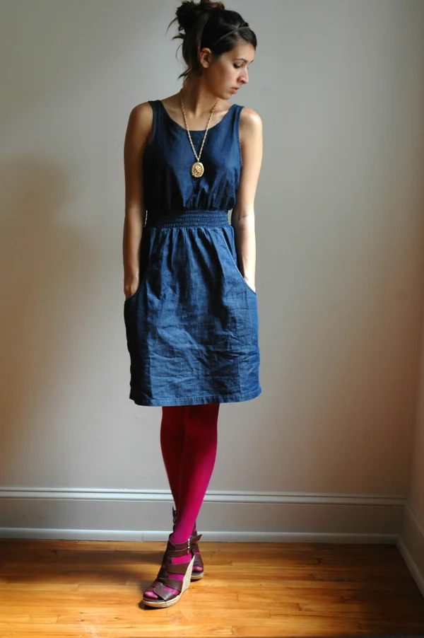 denim dress bright tights