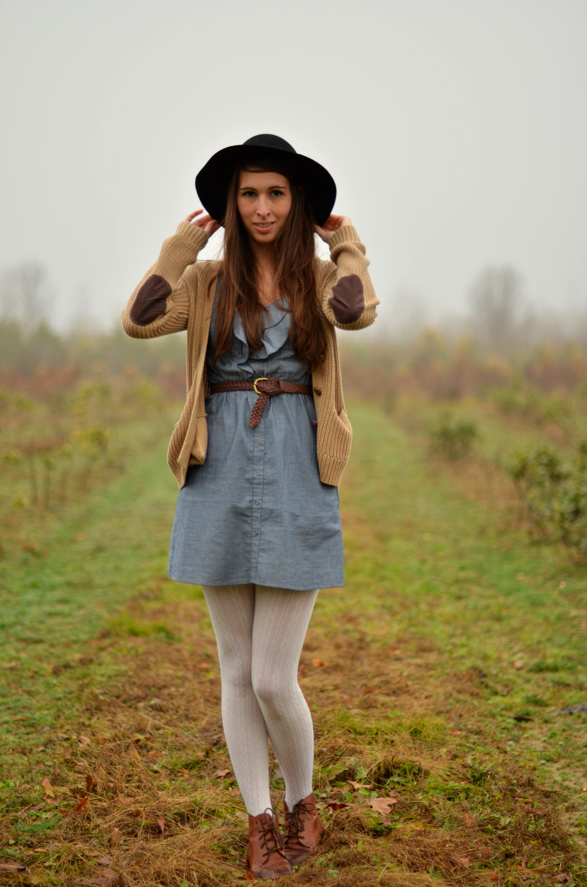 Denim Dress with Sweater, Leggings, and Hat