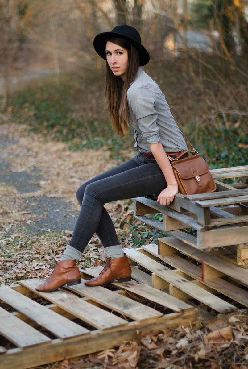 Denim on Denim outfit for fall with hat