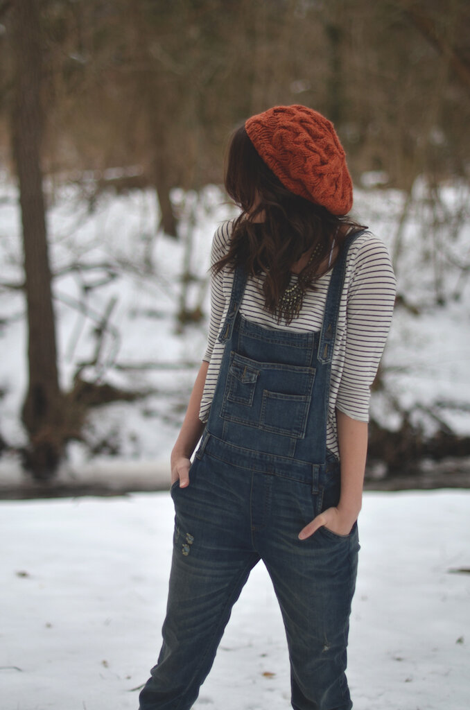 Denim overalls stripes beanie winter outfit.jpg