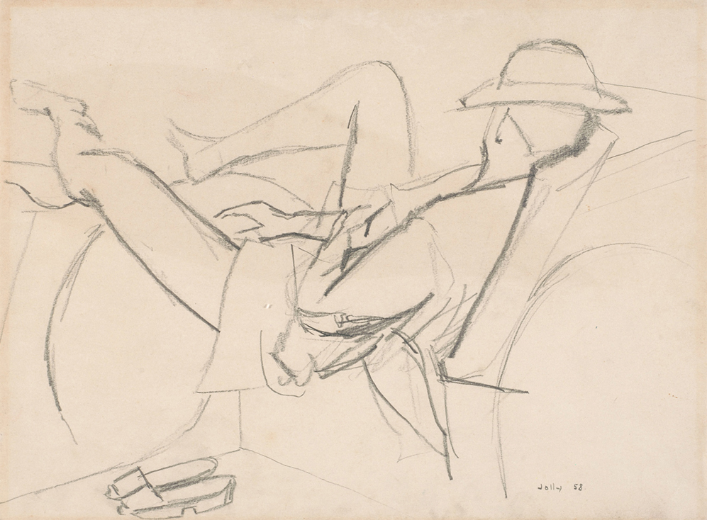 Man Reclining in a Trishaw, 1958, Pencil on Paper, 39cm x 51cm, Collection of National Gallery, Singapore