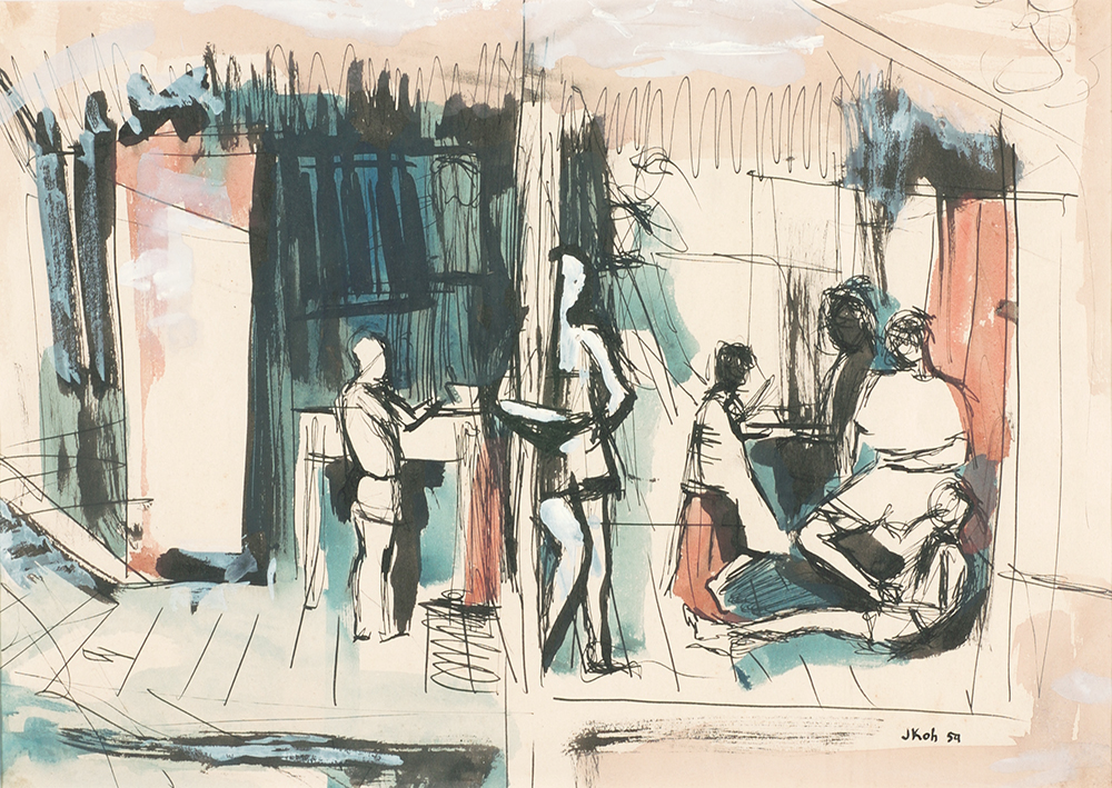 Beneath the Attap, 1959, Ink & Gouache on Paper, 27cm x 37cm, Collection of National Gallery, Singapore