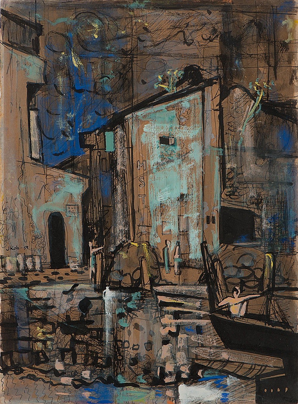 No.1 Heeren Street with Chinese Junk, 1959, Mixed Media on Paper, 37cm x 27cm