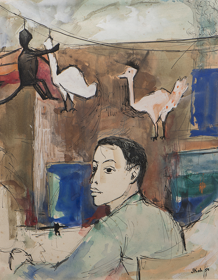 Self Portrait, 1959, Mix Media on Paper, 29cm x 22xm, Private Collection