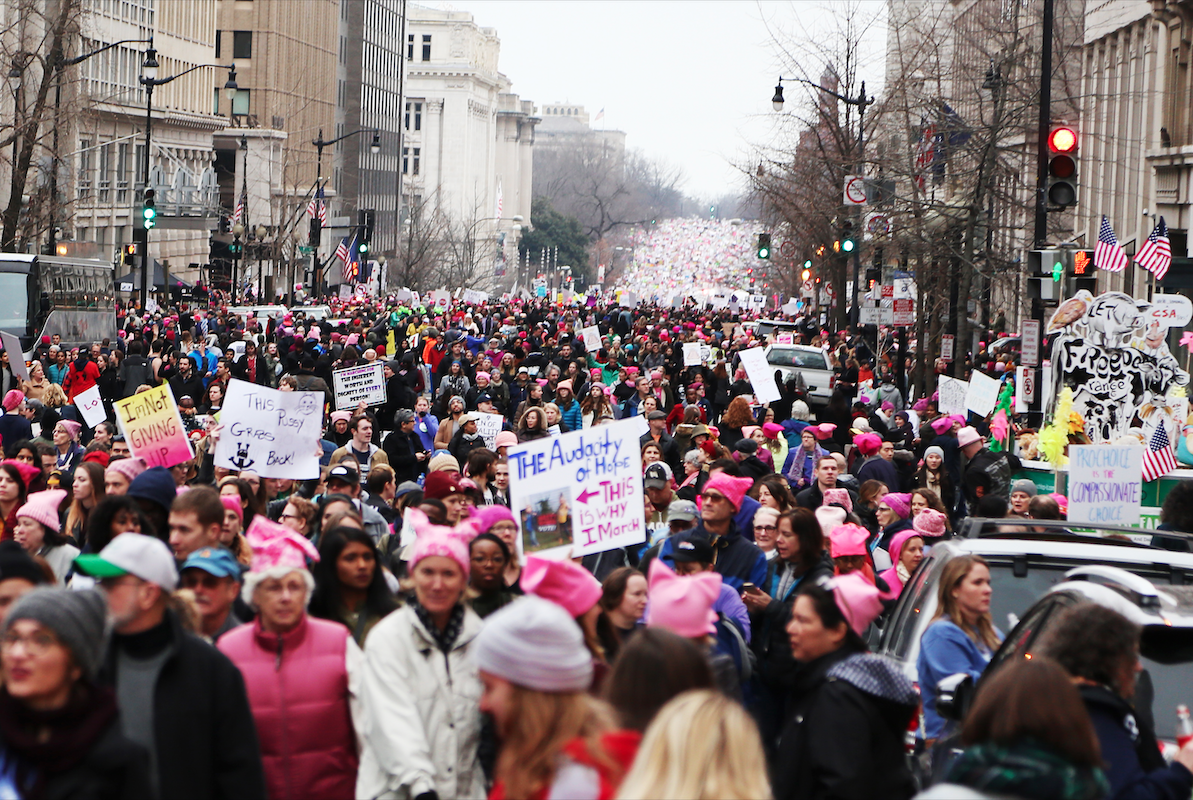  The Women’s March on Washington floods the streets with crowds wearing knitted pink “pussy” hats. 