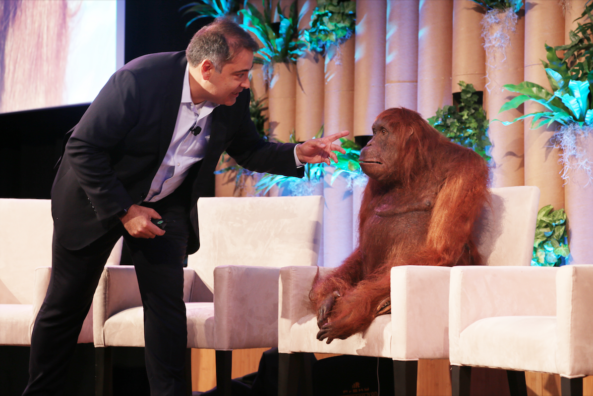  Alex Dehgan of Conservation X Labs points to the camera iris of the Orangutan Spy used to observe the species in the wild. 