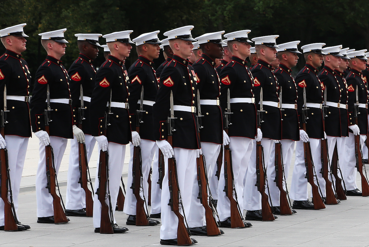  Marine Corps Lance Corporals participating in a summer parade held monthly in front of the Lincoln Memorial. 