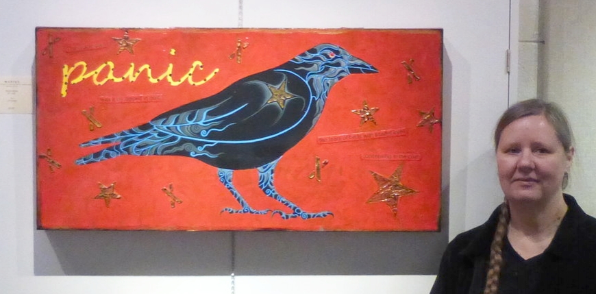 "the oracle of pain" - mixed-media collage. Acrylic on canvas, texture medium, text. The oracle said panic was a lily dipped in gold, the tears of birds with crimson eyes condensing in the cold.