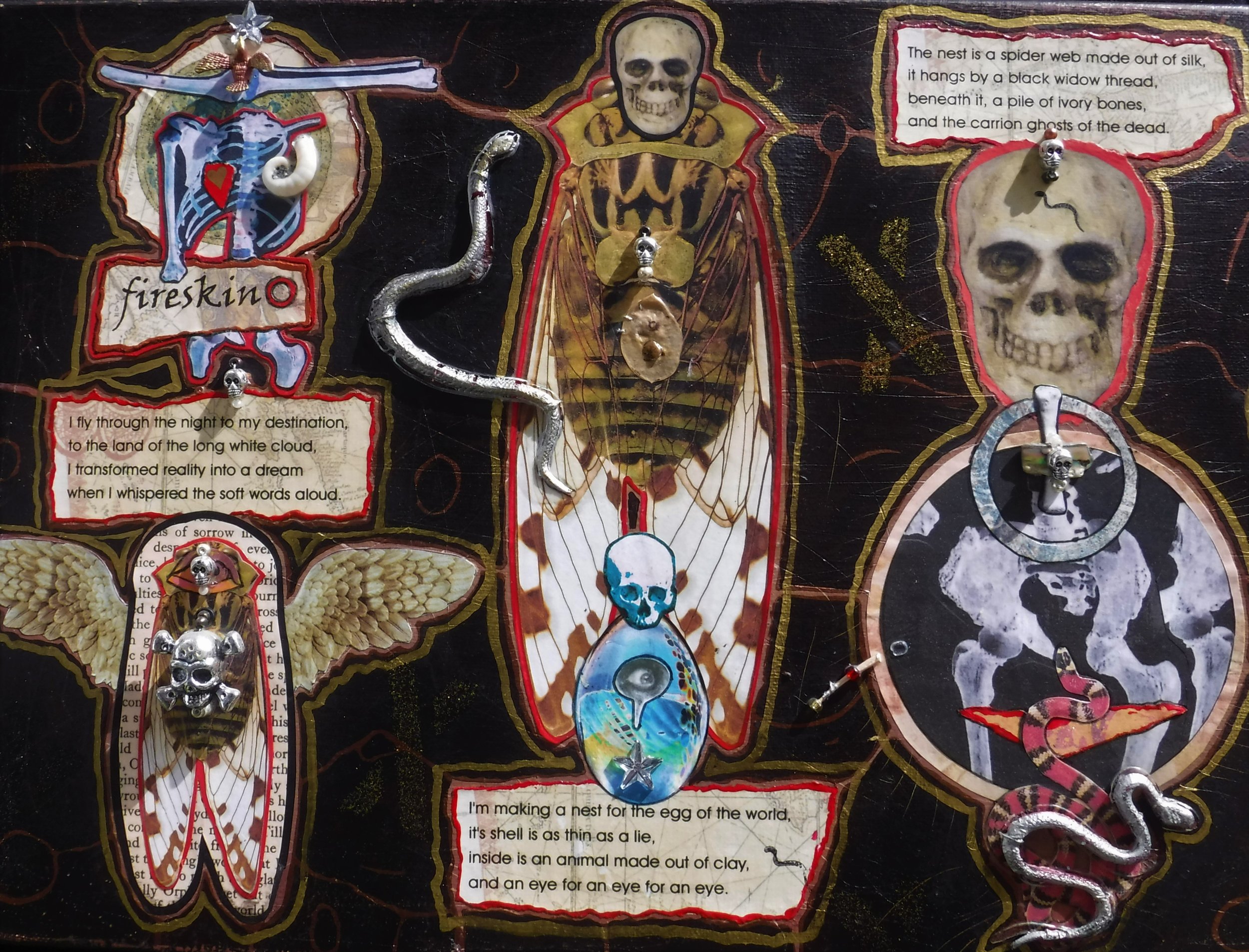 "fireskin" - close-up, collage on canvas, beads, found objects, text.