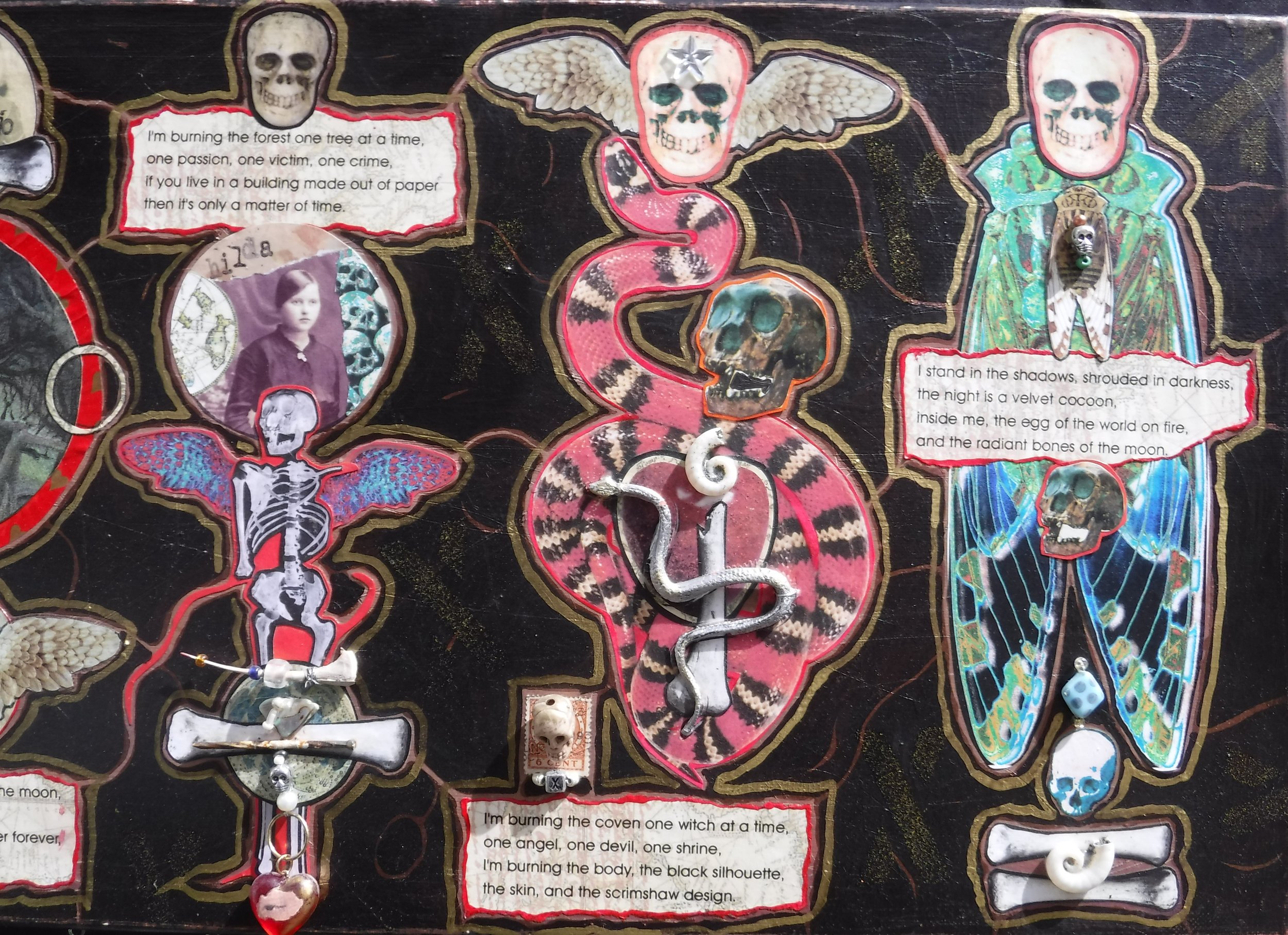 "fireskin" - collage on canvas, beads, found objects, text.