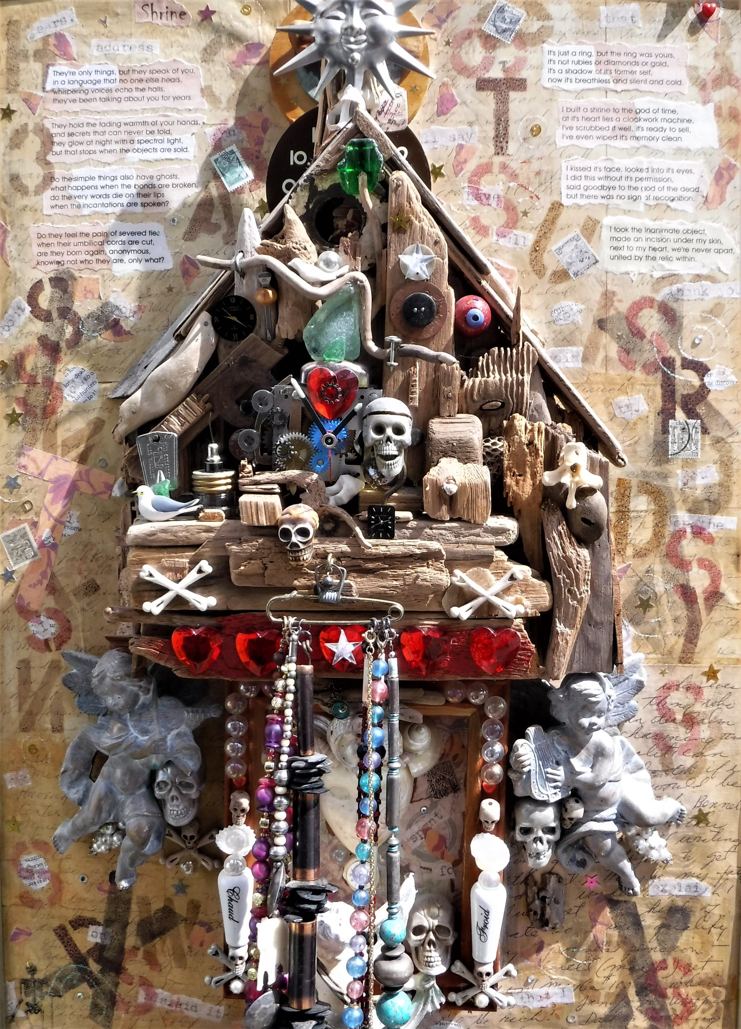"shrine" - close-up image, original letter, collage, beads, found objects, driftwood, text.