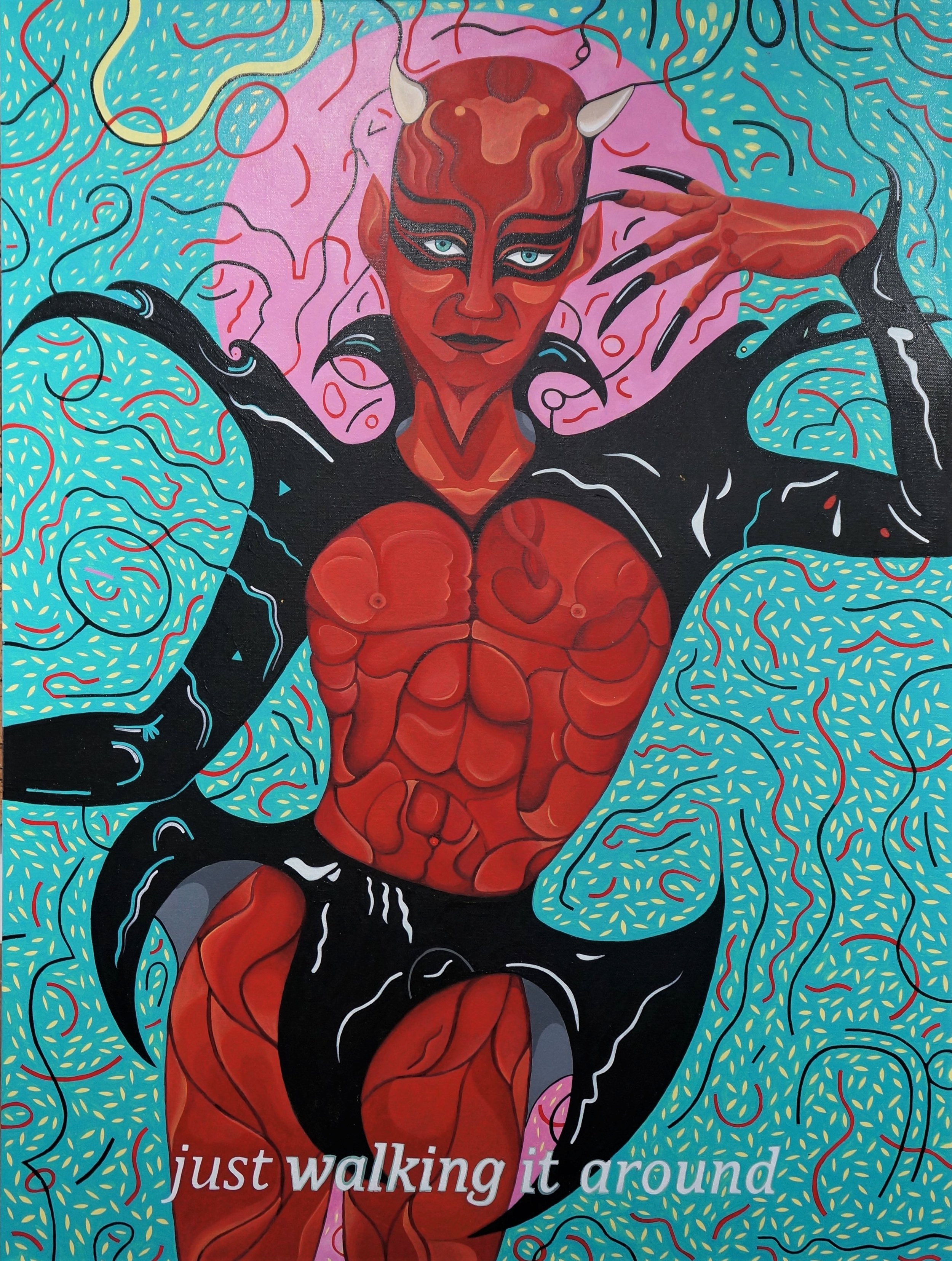 Finished the background. Working on the text now. I painted another layer of white on the lettering, and I'm going to remove the green space around it. The word 'just' is already done. Finished the lettering (not shown), and now I'm adding a darker border around the whole painting. I think the pink circle needs a bit of work still too. 