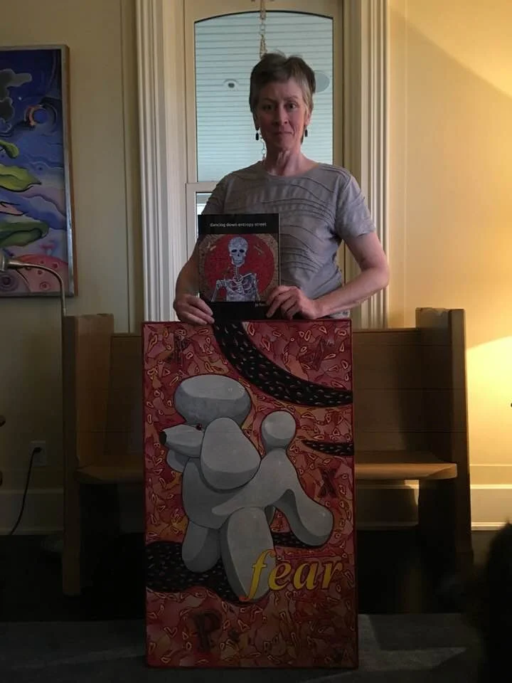 Carol and poodle painting and book dancing down entropy street.jpg