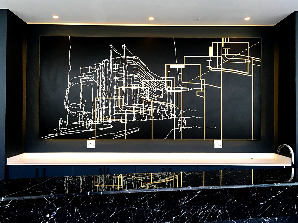 Citadel , Printed illustration on wallpaper, gold leaf finish, 1.7 m x 3.6 m, Curated by Robert Silke and Partners, Cape Town, 2016.