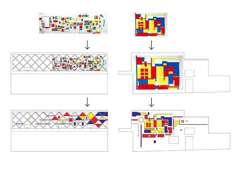 Process : The artworks of the students were interpreted by Lorenzo Nassimbeni to form a the composition of the mural.
