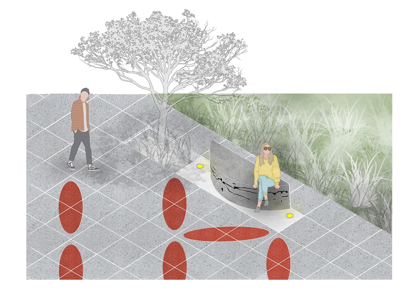 3D visualisation showing tree and seat environment