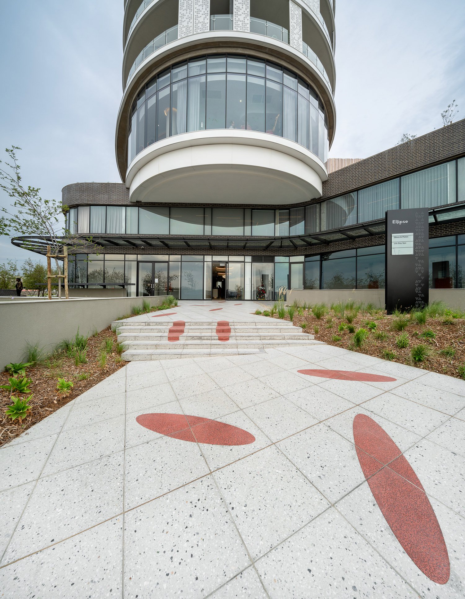 The approach to the entrance of the building