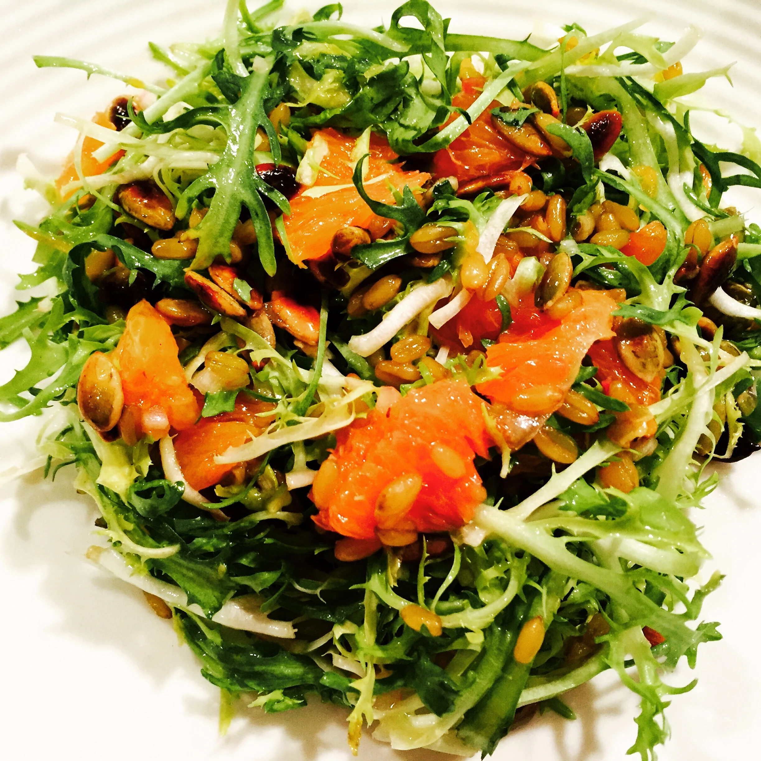 Friseé Salad with Freekeh, Ruby Oranges and Toasted Pepitas